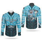 Custom Cronulla-Sutherland Sharks Couples Matching Short Sleeve Bodycon Dress and Long Sleeve Button Shirt Shark Warrior Polynesia Islander Rugby Mascot