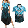 Custom Cronulla-Sutherland Sharks Couples Matching Summer Maxi Dress and Hawaiian Shirt Shark Warrior Polynesia Islander Rugby Mascot