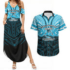 Custom Cronulla-Sutherland Sharks Couples Matching Summer Maxi Dress and Hawaiian Shirt Shark Warrior Polynesia Islander Rugby Mascot