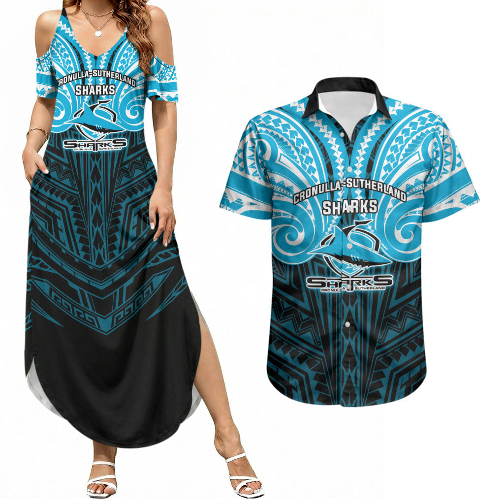 Custom Cronulla-Sutherland Sharks Couples Matching Summer Maxi Dress and Hawaiian Shirt Shark Warrior Polynesia Islander Rugby Mascot