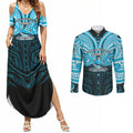 Custom Cronulla-Sutherland Sharks Couples Matching Summer Maxi Dress and Long Sleeve Button Shirt Shark Warrior Polynesia Islander Rugby Mascot