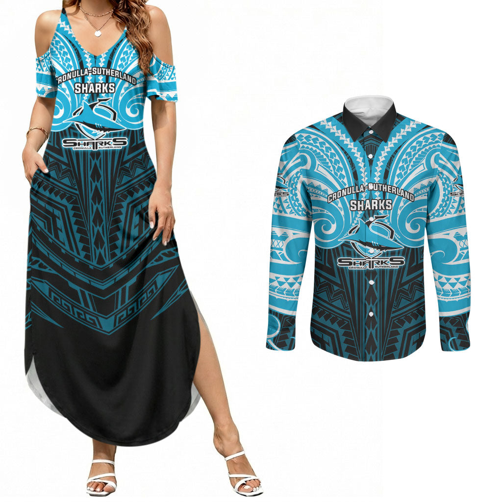 Custom Cronulla-Sutherland Sharks Couples Matching Summer Maxi Dress and Long Sleeve Button Shirt Shark Warrior Polynesia Islander Rugby Mascot