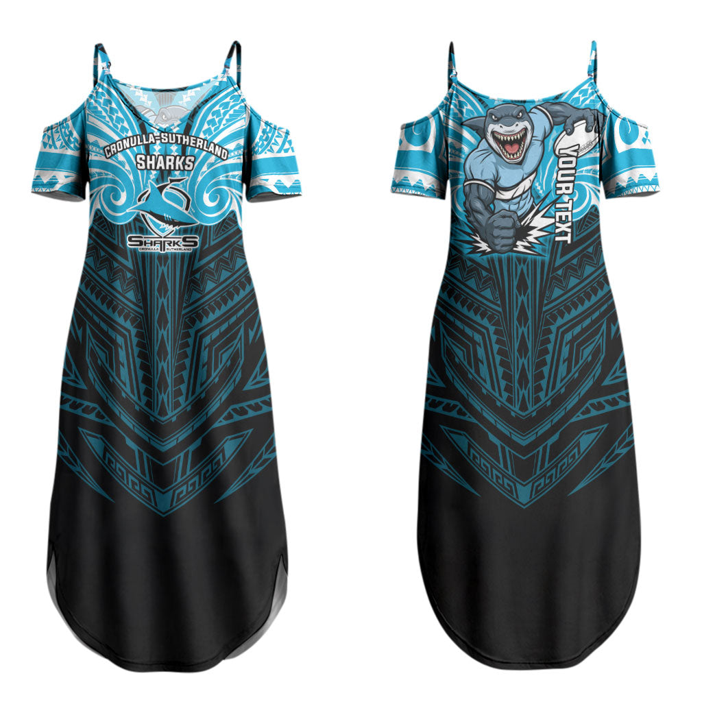 Custom Cronulla-Sutherland Sharks Couples Matching Summer Maxi Dress and Long Sleeve Button Shirt Shark Warrior Polynesia Islander Rugby Mascot