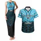 Custom Cronulla-Sutherland Sharks Couples Matching Tank Maxi Dress and Hawaiian Shirt Shark Warrior Polynesia Islander Rugby Mascot