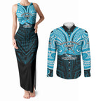 Custom Cronulla-Sutherland Sharks Couples Matching Tank Maxi Dress and Long Sleeve Button Shirt Shark Warrior Polynesia Islander Rugby Mascot