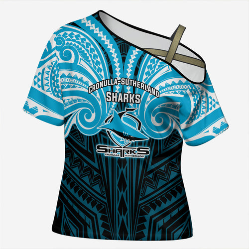 Custom Cronulla-Sutherland Sharks Cross Shoulder Shirt Shark Warrior Polynesia Islander Rugby Mascot