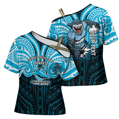 Custom Cronulla-Sutherland Sharks Cross Shoulder Shirt Shark Warrior Polynesia Islander Rugby Mascot