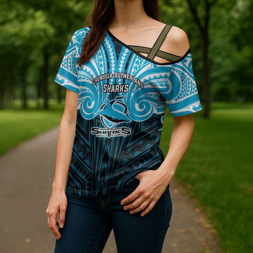 Custom Cronulla-Sutherland Sharks Cross Shoulder Shirt Shark Warrior Polynesia Islander Rugby Mascot