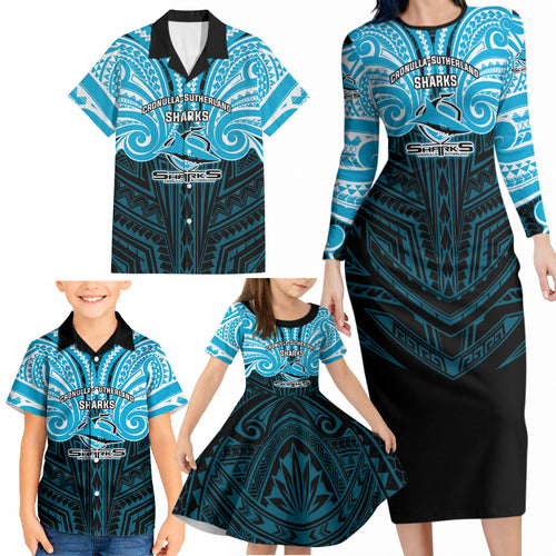 Custom Cronulla-Sutherland Sharks Family Matching Long Sleeve Bodycon Dress and Hawaiian Shirt Shark Warrior Polynesia Islander Rugby Mascot