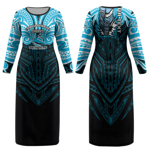 Custom Cronulla-Sutherland Sharks Family Matching Long Sleeve Bodycon Dress and Hawaiian Shirt Shark Warrior Polynesia Islander Rugby Mascot