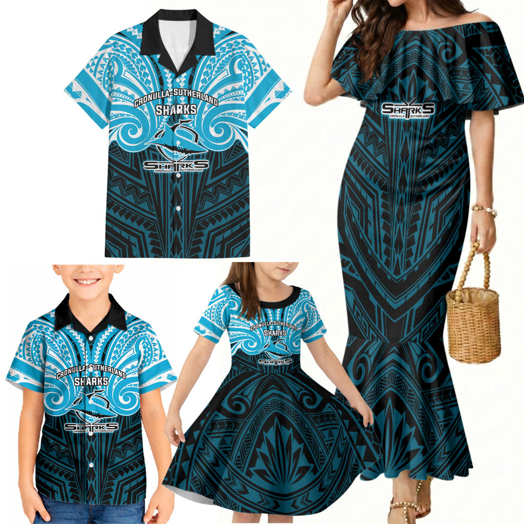 Custom Cronulla-Sutherland Sharks Family Matching Mermaid Dress and Hawaiian Shirt Shark Warrior Polynesia Islander Rugby Mascot