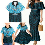 Custom Cronulla-Sutherland Sharks Family Matching Mermaid Dress and Hawaiian Shirt Shark Warrior Polynesia Islander Rugby Mascot