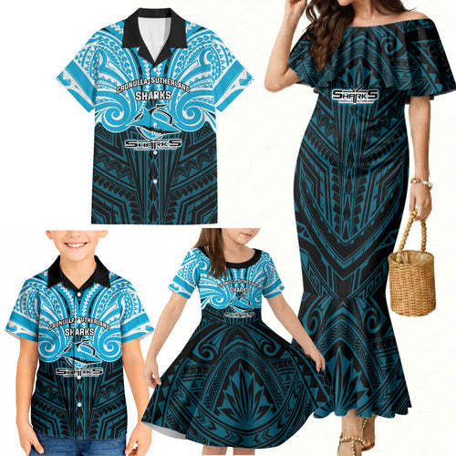 Custom Cronulla-Sutherland Sharks Family Matching Mermaid Dress and Hawaiian Shirt Shark Warrior Polynesia Islander Rugby Mascot