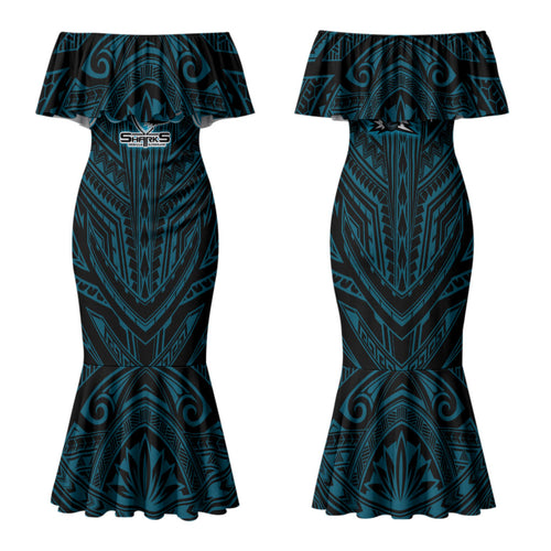 Custom Cronulla-Sutherland Sharks Family Matching Mermaid Dress and Hawaiian Shirt Shark Warrior Polynesia Islander Rugby Mascot