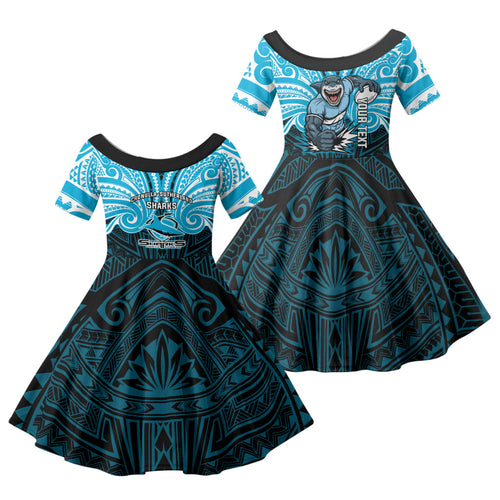 Custom Cronulla-Sutherland Sharks Family Matching Mermaid Dress and Hawaiian Shirt Shark Warrior Polynesia Islander Rugby Mascot