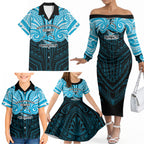 Custom Cronulla-Sutherland Sharks Family Matching Off The Shoulder Long Sleeve Dress and Hawaiian Shirt Shark Warrior Polynesia Islander Rugby Mascot