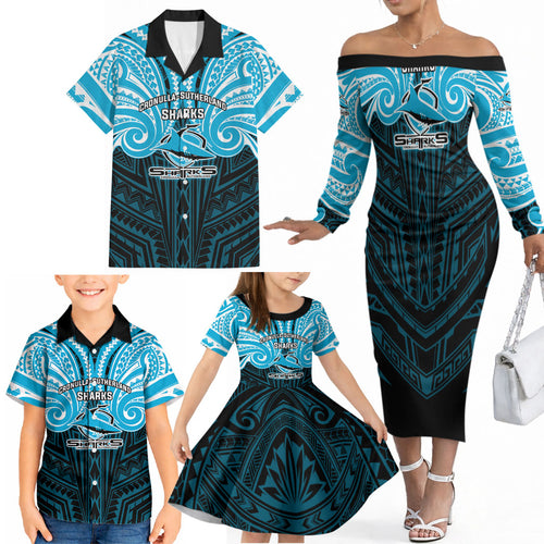 Custom Cronulla-Sutherland Sharks Family Matching Off The Shoulder Long Sleeve Dress and Hawaiian Shirt Shark Warrior Polynesia Islander Rugby Mascot