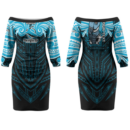 Custom Cronulla-Sutherland Sharks Family Matching Off The Shoulder Long Sleeve Dress and Hawaiian Shirt Shark Warrior Polynesia Islander Rugby Mascot