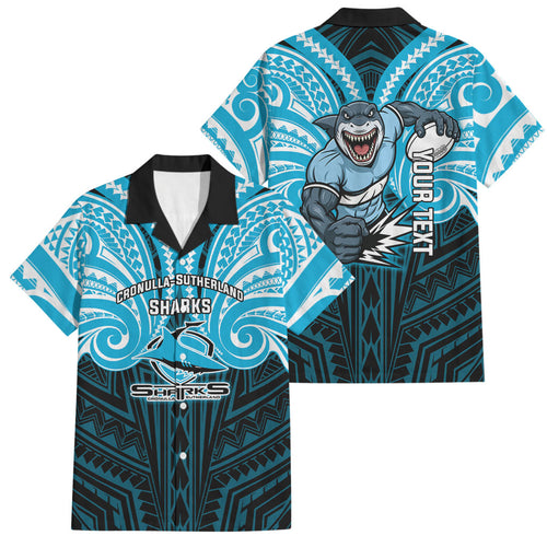Custom Cronulla-Sutherland Sharks Family Matching Off The Shoulder Long Sleeve Dress and Hawaiian Shirt Shark Warrior Polynesia Islander Rugby Mascot