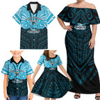 Custom Cronulla-Sutherland Sharks Family Matching Off Shoulder Maxi Dress and Hawaiian Shirt Shark Warrior Polynesia Islander Rugby Mascot