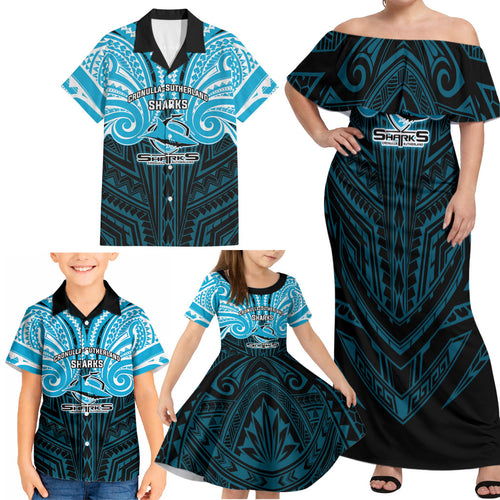Custom Cronulla-Sutherland Sharks Family Matching Off Shoulder Maxi Dress and Hawaiian Shirt Shark Warrior Polynesia Islander Rugby Mascot