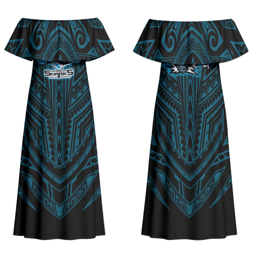 Custom Cronulla-Sutherland Sharks Family Matching Off Shoulder Maxi Dress and Hawaiian Shirt Shark Warrior Polynesia Islander Rugby Mascot