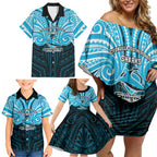 Custom Cronulla-Sutherland Sharks Family Matching Off Shoulder Short Dress and Hawaiian Shirt Shark Warrior Polynesia Islander Rugby Mascot
