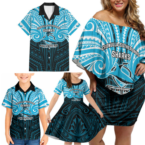 Custom Cronulla-Sutherland Sharks Family Matching Off Shoulder Short Dress and Hawaiian Shirt Shark Warrior Polynesia Islander Rugby Mascot