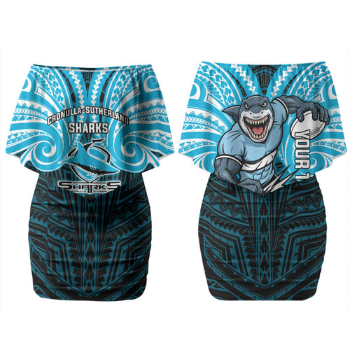 Custom Cronulla-Sutherland Sharks Family Matching Off Shoulder Short Dress and Hawaiian Shirt Shark Warrior Polynesia Islander Rugby Mascot