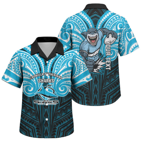 Custom Cronulla-Sutherland Sharks Family Matching Off Shoulder Short Dress and Hawaiian Shirt Shark Warrior Polynesia Islander Rugby Mascot