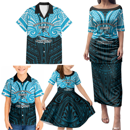 Custom Cronulla-Sutherland Sharks Family Matching Puletasi and Hawaiian Shirt Shark Warrior Polynesia Islander Rugby Mascot
