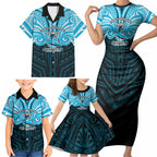 Custom Cronulla-Sutherland Sharks Family Matching Short Sleeve Bodycon Dress and Hawaiian Shirt Shark Warrior Polynesia Islander Rugby Mascot