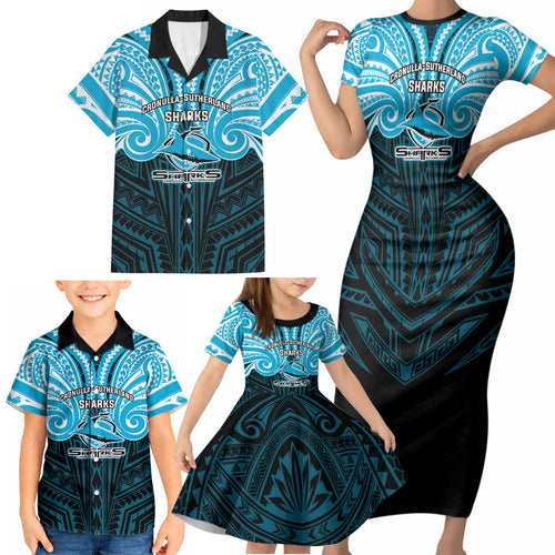 Custom Cronulla-Sutherland Sharks Family Matching Short Sleeve Bodycon Dress and Hawaiian Shirt Shark Warrior Polynesia Islander Rugby Mascot