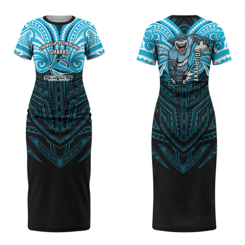 Custom Cronulla-Sutherland Sharks Family Matching Short Sleeve Bodycon Dress and Hawaiian Shirt Shark Warrior Polynesia Islander Rugby Mascot