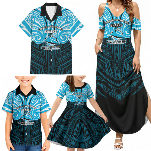Custom Cronulla-Sutherland Sharks Family Matching Summer Maxi Dress and Hawaiian Shirt Shark Warrior Polynesia Islander Rugby Mascot