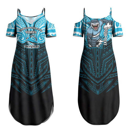 Custom Cronulla-Sutherland Sharks Family Matching Summer Maxi Dress and Hawaiian Shirt Shark Warrior Polynesia Islander Rugby Mascot