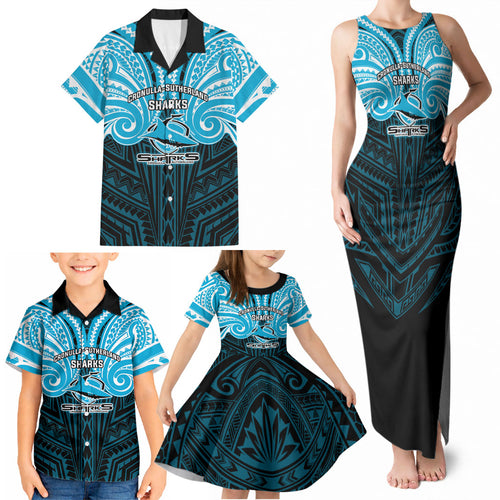 Custom Cronulla-Sutherland Sharks Family Matching Tank Maxi Dress and Hawaiian Shirt Shark Warrior Polynesia Islander Rugby Mascot