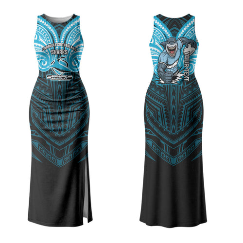 Custom Cronulla-Sutherland Sharks Family Matching Tank Maxi Dress and Hawaiian Shirt Shark Warrior Polynesia Islander Rugby Mascot