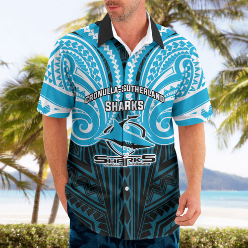 Custom Cronulla-Sutherland Sharks Hawaiian Shirt Shark Warrior Polynesia Islander Rugby Mascot