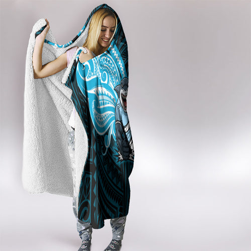 Custom Cronulla-Sutherland Sharks Hooded Blanket Shark Warrior Polynesia Islander Rugby Mascot