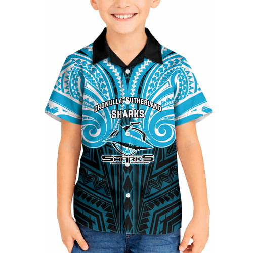 Custom Cronulla-Sutherland Sharks Kid Hawaiian Shirt Shark Warrior Polynesia Islander Rugby Mascot