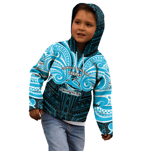 Custom Cronulla-Sutherland Sharks Kid Hoodie Shark Warrior Polynesia Islander Rugby Mascot