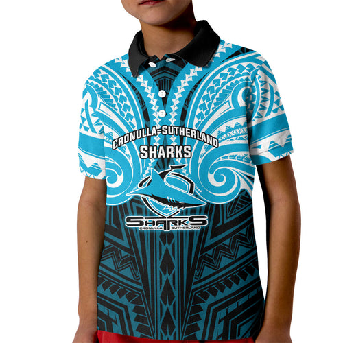 Custom Cronulla-Sutherland Sharks Kid Polo Shirt Shark Warrior Polynesia Islander Rugby Mascot