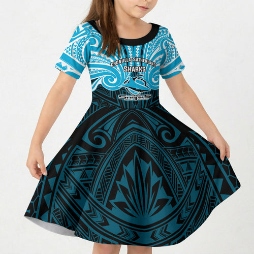 Custom Cronulla-Sutherland Sharks Kid Short Sleeve Dress Shark Warrior Polynesia Islander Rugby Mascot