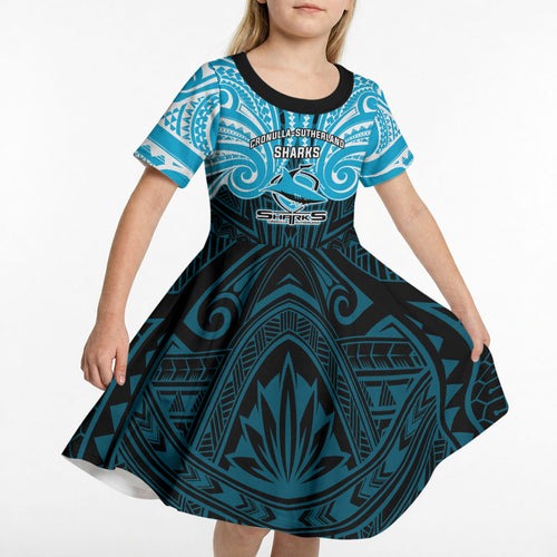 Custom Cronulla-Sutherland Sharks Kid Short Sleeve Dress Shark Warrior Polynesia Islander Rugby Mascot