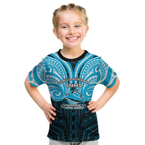 Custom Cronulla-Sutherland Sharks Kid T Shirt Shark Warrior Polynesia Islander Rugby Mascot