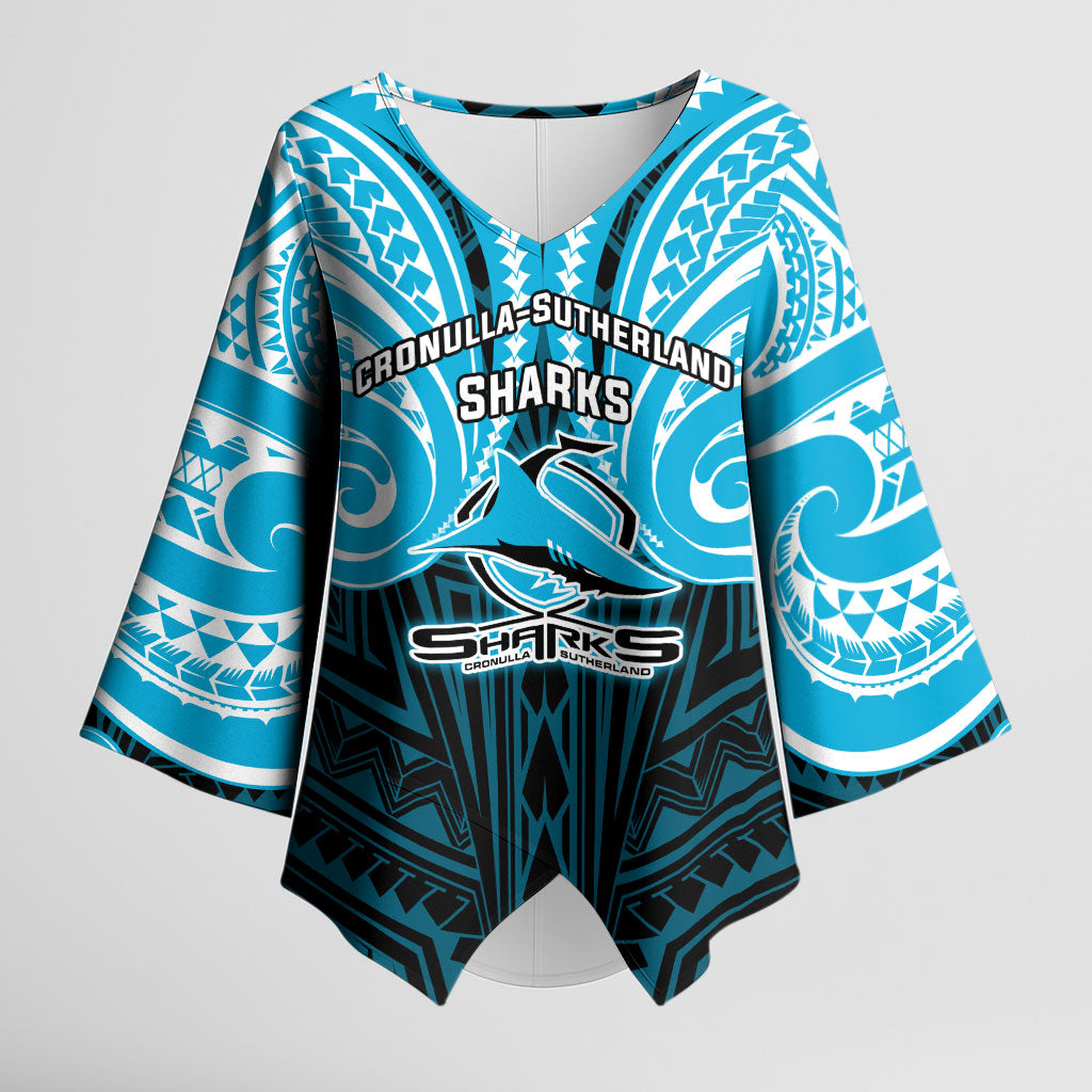 Custom Cronulla-Sutherland Sharks Kimono Sleeve Blouse Shark Warrior Polynesia Islander Rugby Mascot