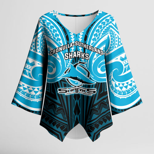 Custom Cronulla-Sutherland Sharks Kimono Sleeve Blouse Shark Warrior Polynesia Islander Rugby Mascot
