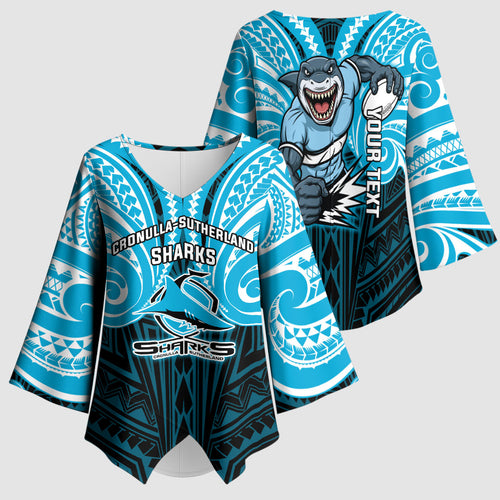 Custom Cronulla-Sutherland Sharks Kimono Sleeve Blouse Shark Warrior Polynesia Islander Rugby Mascot
