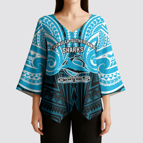 Custom Cronulla-Sutherland Sharks Kimono Sleeve Blouse Shark Warrior Polynesia Islander Rugby Mascot
